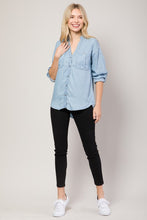 Light Denim Chambray Button Down Split Neck Denim Shirt