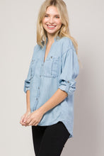 Light Denim Chambray Button Down Split Neck Denim Shirt