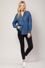 Dark Denim Chambray Button Down Split Neck Denim Shirt