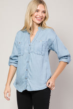 Light Denim Chambray Button Down Split Neck Denim Shirt