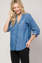 Medium Denim Chambray Button Down Split Neck Denim Shirt