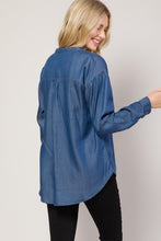 Dark Denim Chambray Button Down Split Neck Denim Shirt