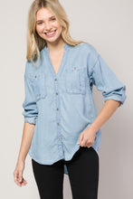 Light Denim Chambray Button Down Split Neck Denim Shirt