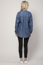 Dark Denim Chambray Button Down Split Neck Denim Shirt