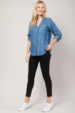 Medium Denim Chambray Button Down Split Neck Denim Shirt