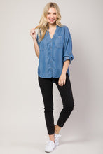 Medium Denim Chambray Button Down Split Neck Denim Shirt