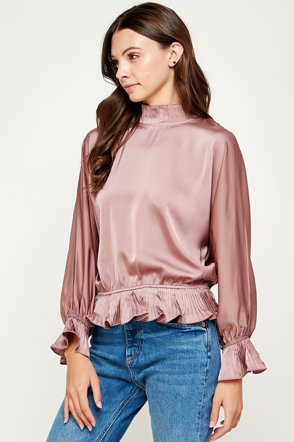 Dusty Mauve Ruffle Pleated Satin Blouse