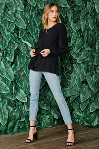 Black Solid Long Sleeves Top