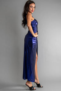 Violet Blue Women Shiny O-Ring Trim Keyhole Long Dress