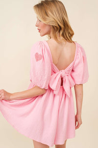 Pink Heart Patch Gauze Valentine Romper