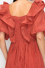 Clay Short Puff Sleeve Pleated Ruffle Trim Midi Dress