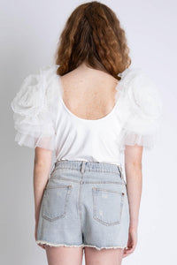Off White Solid Exaggerated Bodysuit W Mesh Ruffle Sleeves