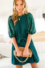 Hunter Green Sequin Baloon Sleeves Dress