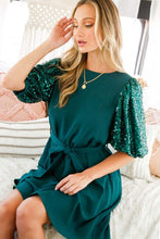 Hunter Green Sequin Baloon Sleeves Dress