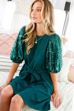 Hunter Green Sequin Baloon Sleeves Dress
