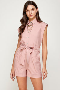 Pink Slvless Button Down Neck Chain Detail Romper