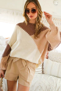 Mocha/Taupe Color Block Chunky Sweater Top