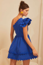 Royal Blue One Shoulder Scallop Edge Trim Solid Dress