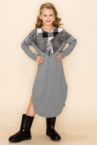 Grey Girls Plaid&Sequin Long Dress