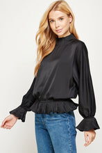Black Ruffle Pleated Satin Blouse