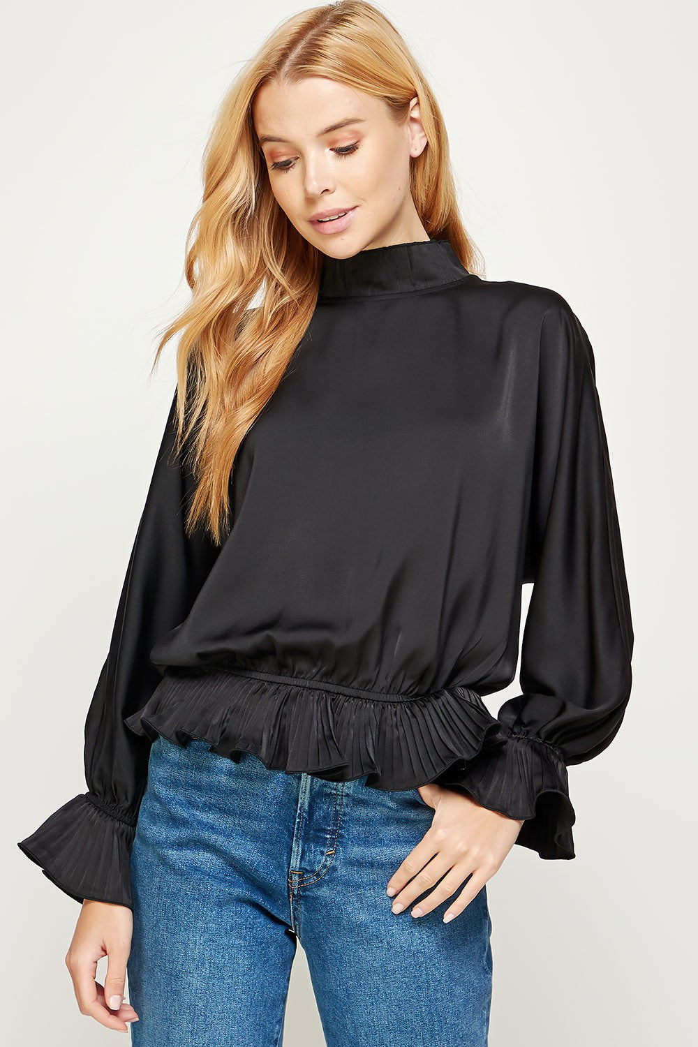 Black Ruffle Pleated Satin Blouse