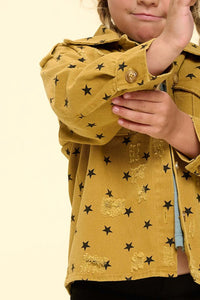 Gold Mustard Washed Star Print Button Down Jacket