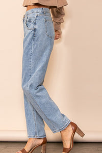 Blue Denim Button Detailed Vintage Washed Straight Leg Jeans