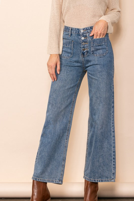 Mid Denim Front Pocket Flared Jeans