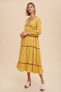 Golden Rod All Over Embroidery Tiered Midi Dress