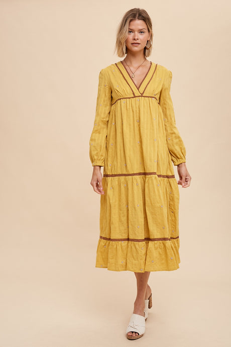 Golden Rod All Over Embroidery Tiered Midi Dress