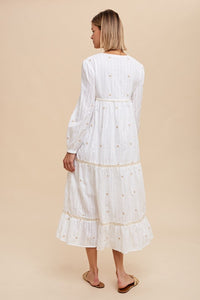 Off White All Over Embroidery Tiered Midi Dress