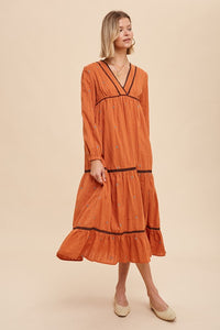 Rust All Over Embroidery Tiered Midi Dress