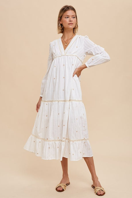 Off White All Over Embroidery Tiered Midi Dress