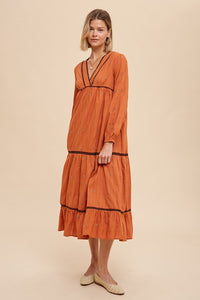 Rust All Over Embroidery Tiered Midi Dress
