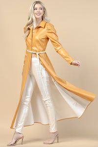 Mustard Faux Leather Duster Long sleeves Jacket Dress Top