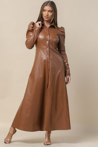 Camel Faux Leather Duster Long sleeves Jacket Dress Top