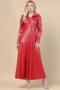 Red Faux Leather Duster Long sleeves Jacket Dress Top