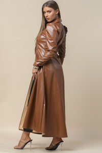 Camel Faux Leather Duster Long sleeves Jacket Dress Top