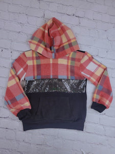 Red Girls Color Block Sequin & Plaid Hoodie
