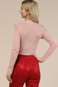 Light Pink Solid Mesh Mock Neck Long Sleeves Bodysuit
