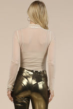 Beige Solid Mesh Mock Neck Long Sleeves Bodysuit