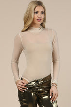 Beige Solid Mesh Mock Neck Long Sleeves Bodysuit