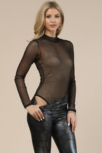 Black Solid Mesh Mock Neck Long Sleeves Bodysuit