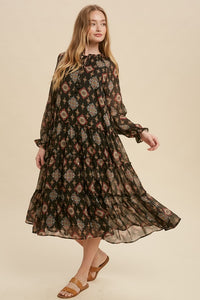 Black Tie Mock Neck Tiered Midi Dress