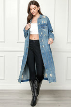 Med Wash Distressed Long Denim Jacket