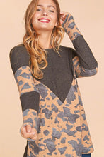 Charcoal/Camel Cow Print Chevron Color Block Knit Top