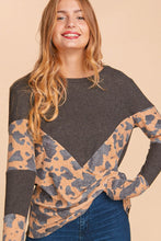 Charcoal/Camel Cow Print Chevron Color Block Knit Top