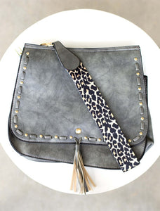 Gray Leopard Strap Fold-over Crossbody Bag