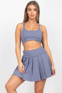 Dark Denim Blue Overlapping Crop Top & Pleated Tennis Skirts Set