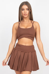 Chocolate Brown Overlapping Crop Top & Pleated Tennis Skirts Set